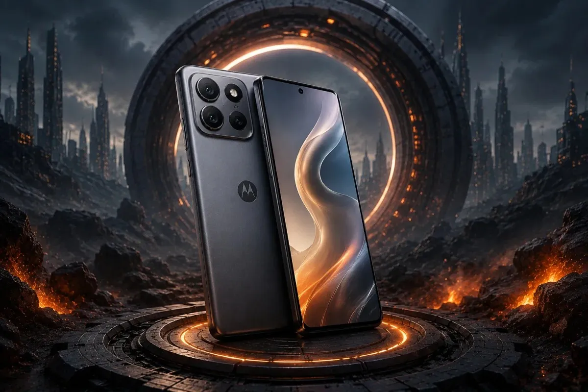 Motorola Edge 70 Max smartphone displayed from the front and back on a futuristic glowing platform with a sci-fi city background.