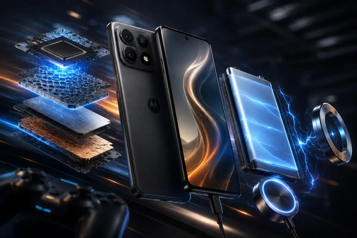 Motorola Edge 70 Max showcasing Snapdragon chipset, advanced cooling system, AMOLED display, large battery, and magnetic wireless charging in a futuristic performance-focused illustration.