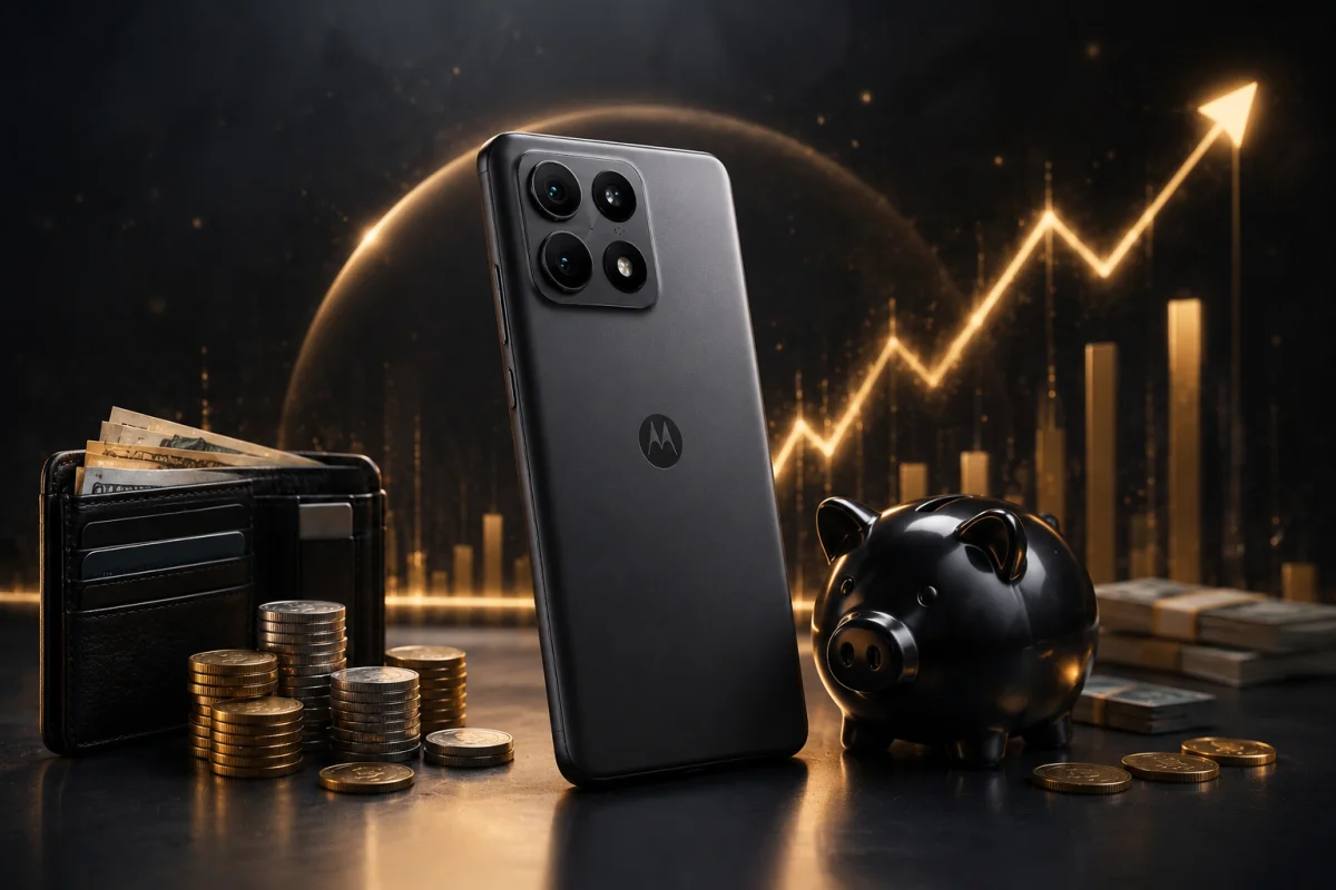 Motorola Edge 70 Max smartphone displayed with a wallet, coins, piggy bank, cash, and an upward financial chart, representing value, savings, and premium performance.
