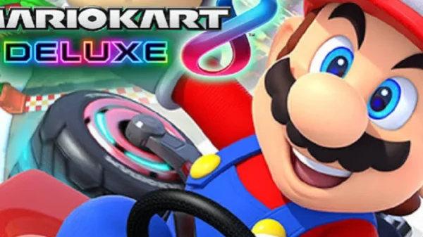 Nintendo Mario Kart Tour artwork showing Mario racing in a kart with the Mario Kart logo and vibrant action-filled background.