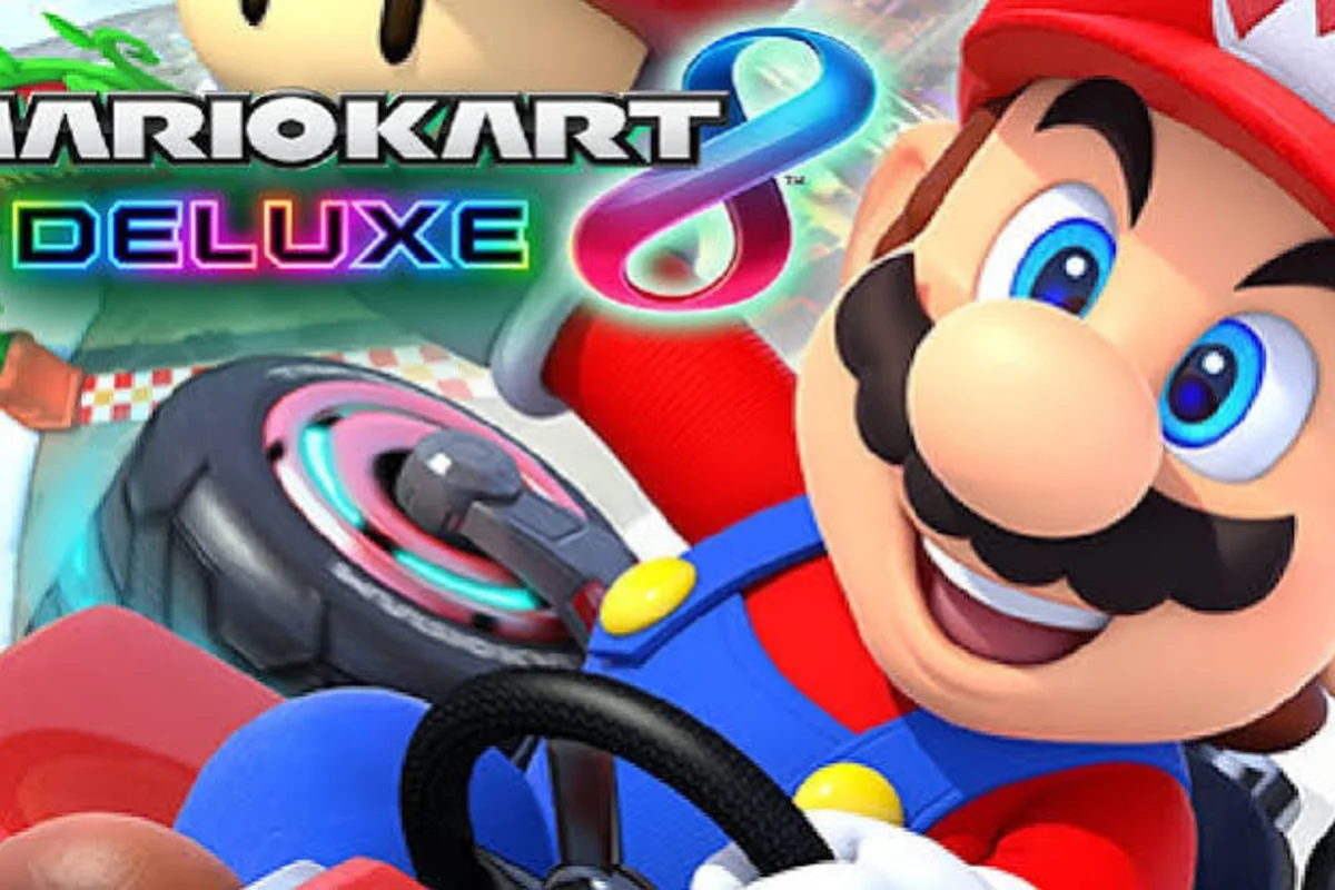 Nintendo Mario Kart Tour artwork showing Mario racing in a kart with the Mario Kart logo and vibrant action-filled background.