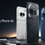 Nothing Phone 4b displayed in black, white, and blue with transparent back design, dual cameras, and illuminated Glyph-style lights on a futuristic dark background.