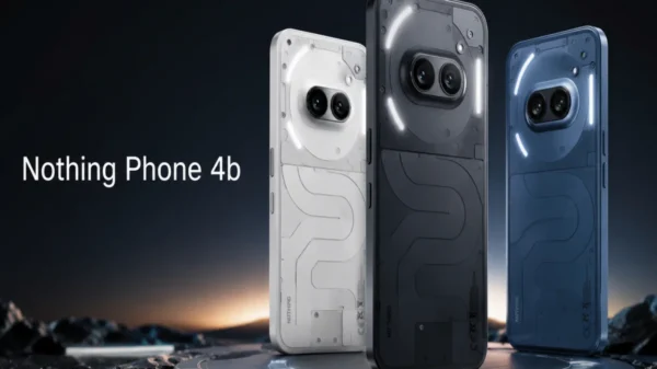 Nothing Phone 4b displayed in black, white, and blue with transparent back design, dual cameras, and illuminated Glyph-style lights on a futuristic dark background.