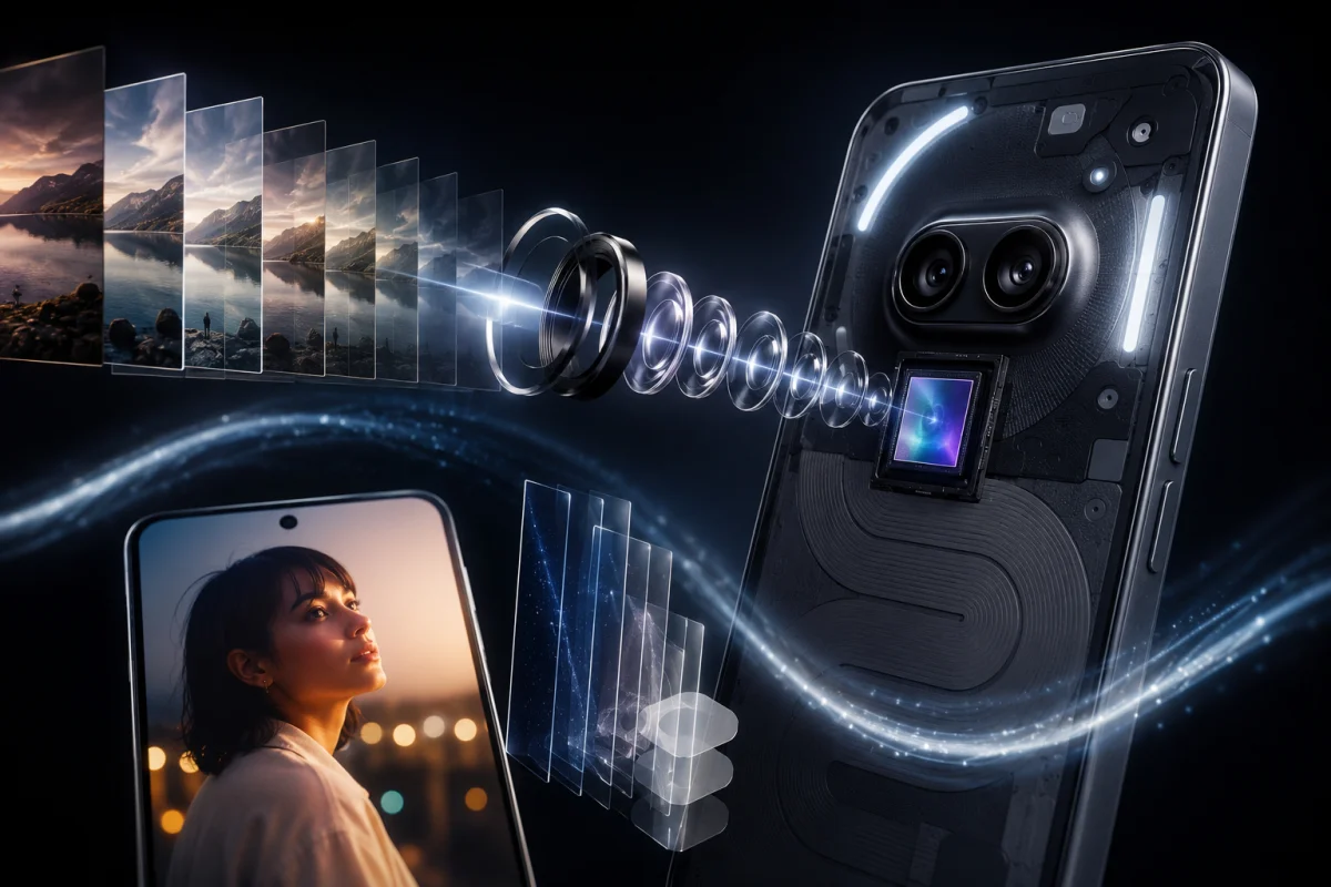 Creative illustration of the Nothing Phone 4b showcasing its advanced camera system, AI image processing, Ultra XDR photography, and modern Android software experience in a futuristic design.