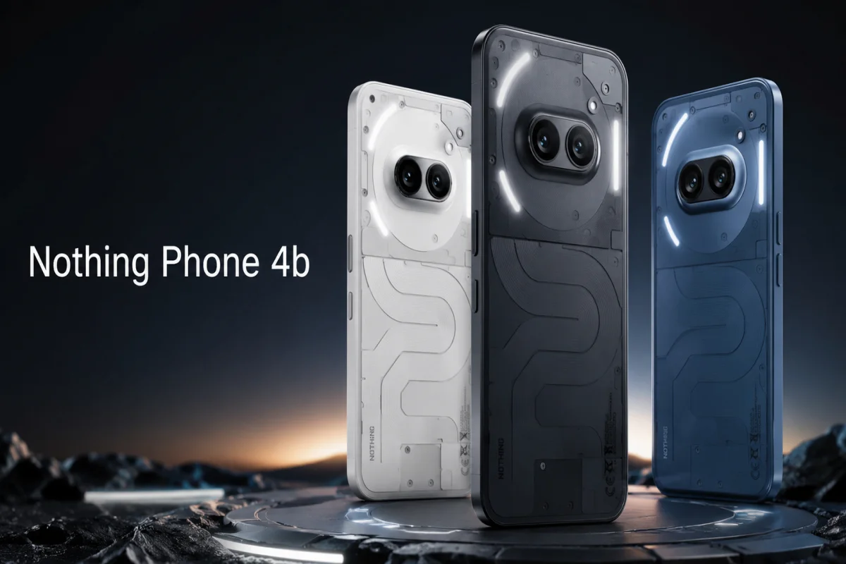 Nothing Phone 4b displayed in black, white, and blue with transparent back design, dual cameras, and illuminated Glyph-style lights on a futuristic dark background.