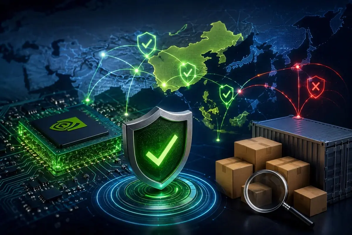 Nvidia AI chip compliance system showing Asia whitelist verification, secure semiconductor distribution, shipment tracking, distributor screening, and export-control compliance across Southeast Asia.
