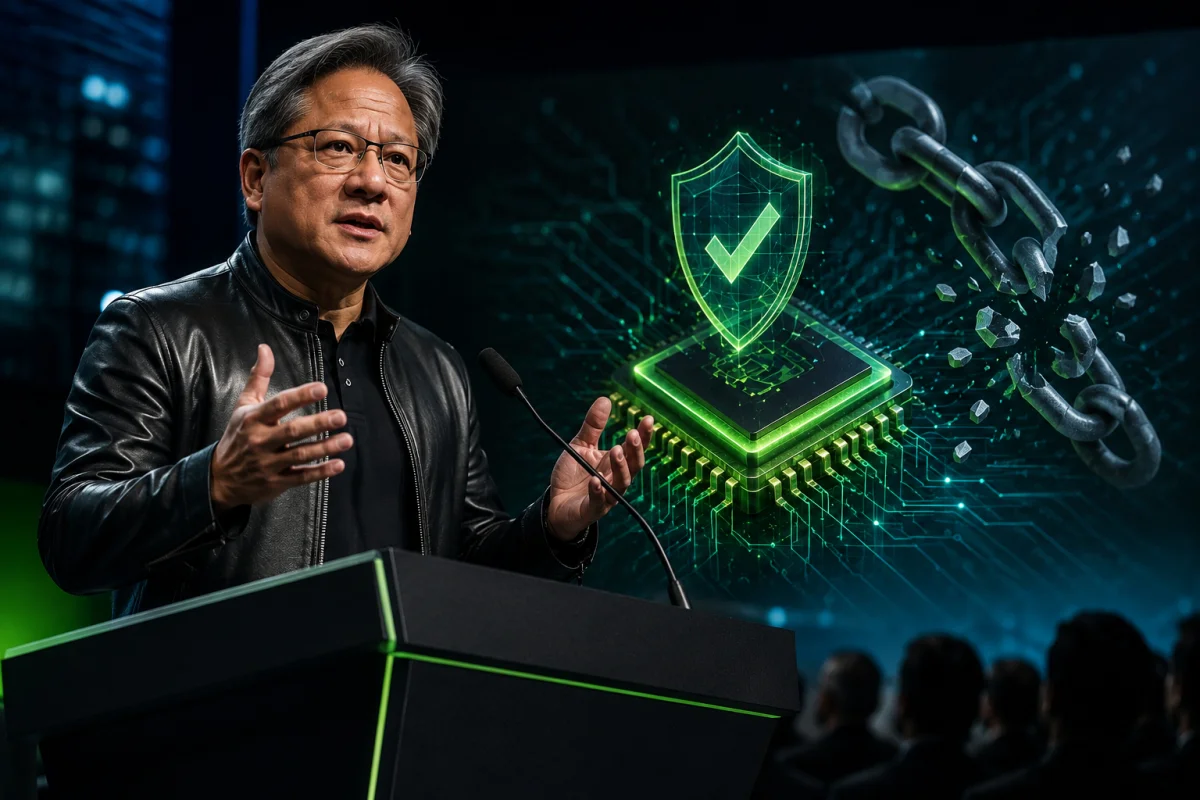Nvidia CEO Jensen Huang speaking about AI chip security with a secure processor, cybersecurity shield, and broken smuggling chain representing Nvidia's response to illegal chip diversion.