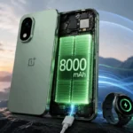 OnePlus N6 smartphone with a visible 8000mAh battery, showcasing long battery life, fast charging, reverse charging, and advanced cooling technology in a realistic modern scene.