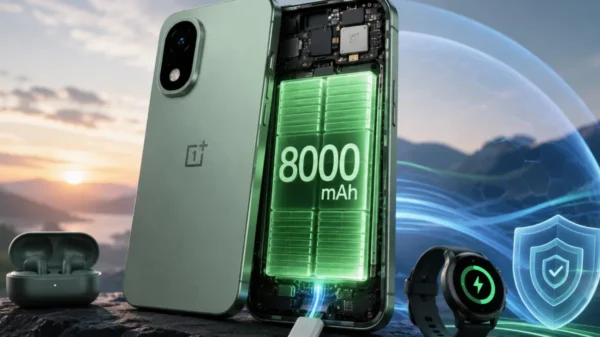 OnePlus N6 smartphone with a visible 8000mAh battery, showcasing long battery life, fast charging, reverse charging, and advanced cooling technology in a realistic modern scene.
