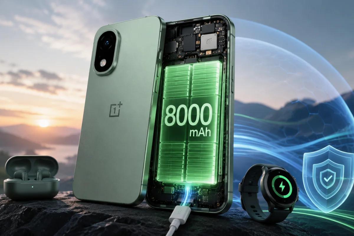 OnePlus N6 smartphone with a visible 8000mAh battery, showcasing long battery life, fast charging, reverse charging, and advanced cooling technology in a realistic modern scene.