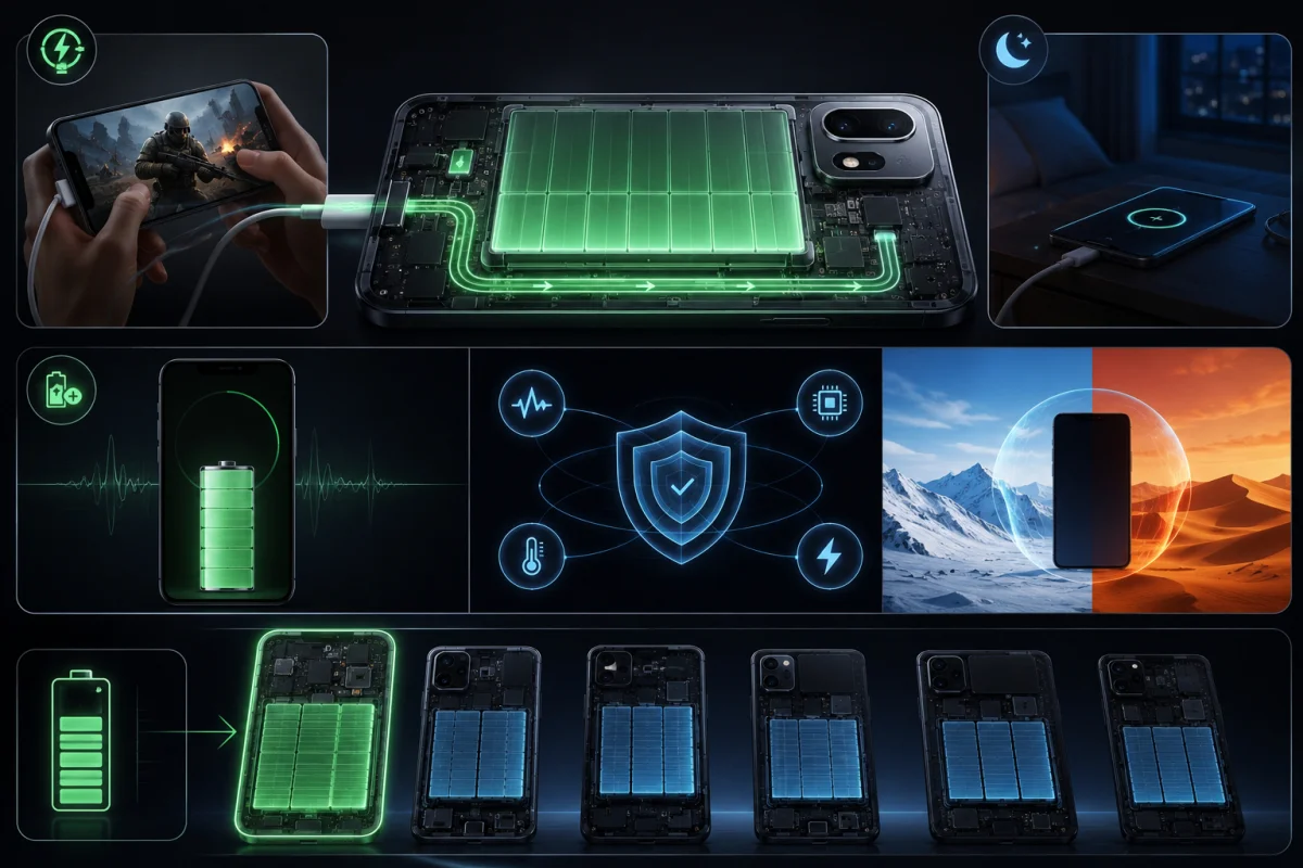 Illustration of the OnePlus N6 showing advanced OxygenOS 16 battery management features, intelligent charging technology, battery protection, power-saving functions, and a comparison with smaller smartphone batteries in its price segment.