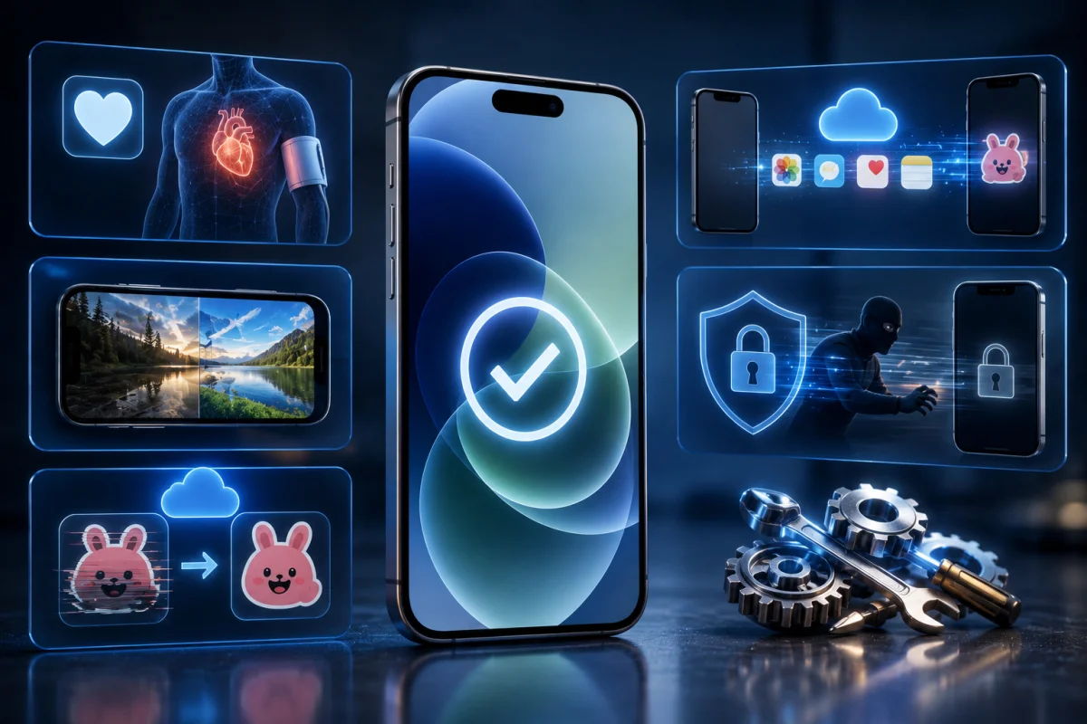 Editorial illustration of iOS 26.6 highlighting Health improvements, HDR screenshot fixes, secure iCloud syncing, and overall system stability enhancements.
