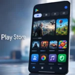 Ultra-realistic illustration of the Play Store Apps and Games sections featuring the new pill-shaped navigation tabs on a modern Android smartphone with a sleek digital interface.