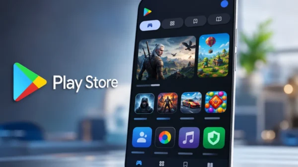 Ultra-realistic illustration of the Play Store Apps and Games sections featuring the new pill-shaped navigation tabs on a modern Android smartphone with a sleek digital interface.