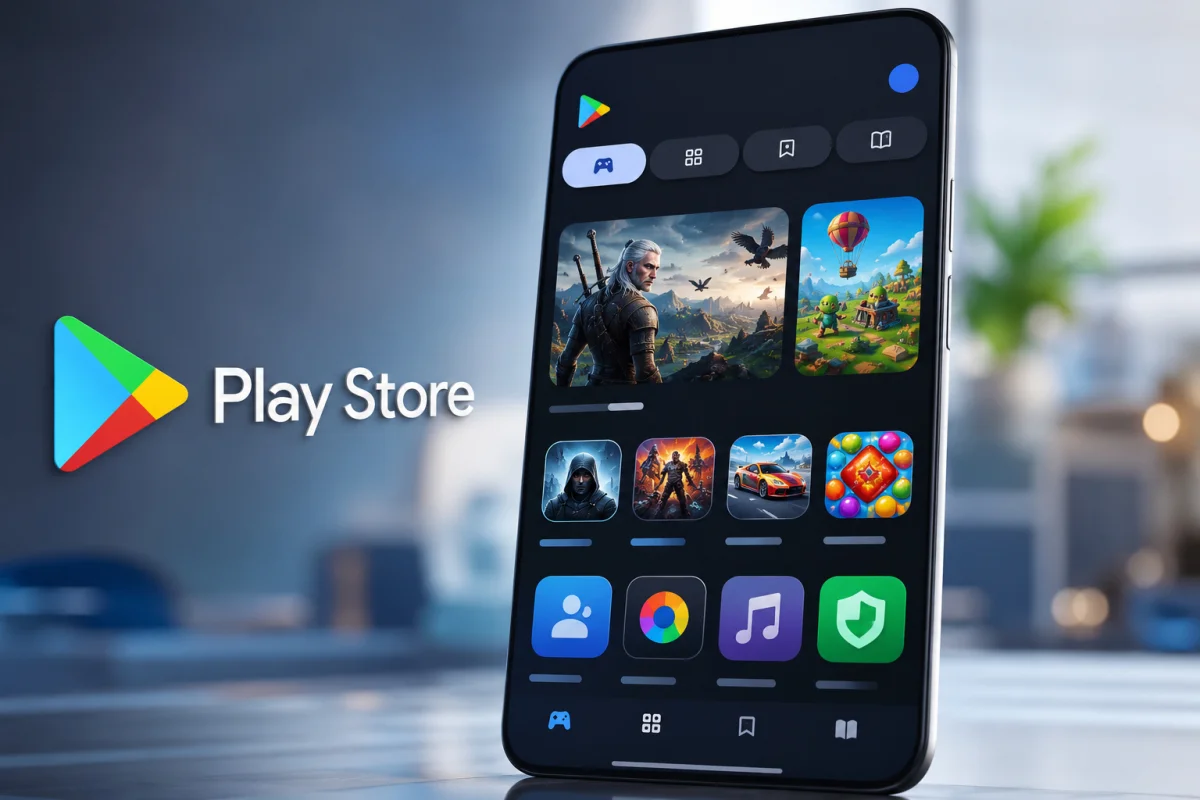 Ultra-realistic illustration of the Play Store Apps and Games sections featuring the new pill-shaped navigation tabs on a modern Android smartphone with a sleek digital interface.