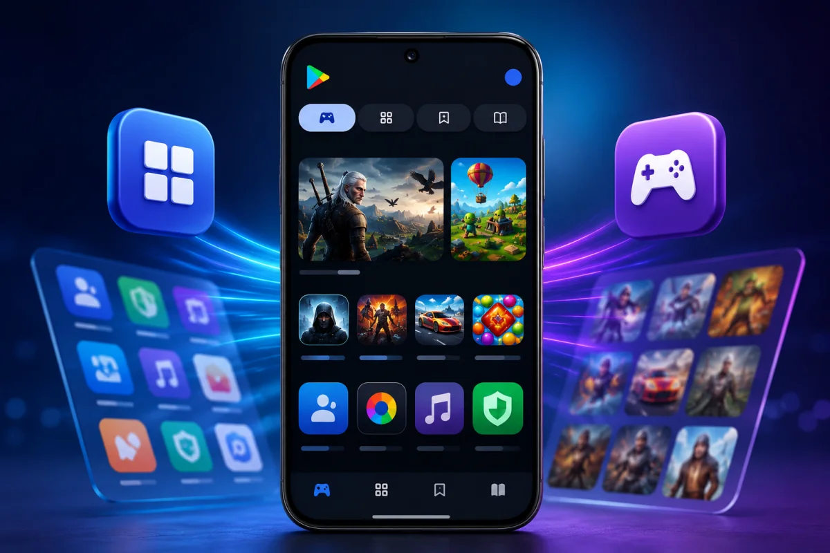 Photorealistic Play Store redesign featuring the updated Apps and Games tabs with pill-shaped navigation on a modern smartphone, representing Google's refreshed Android app marketplace.