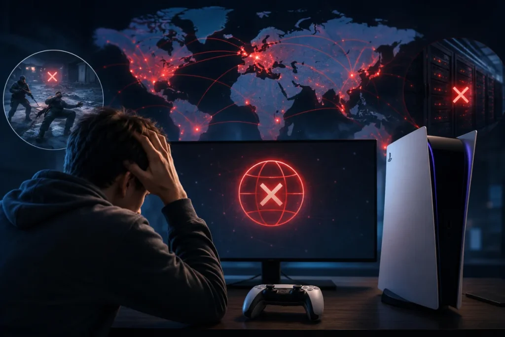 PlayStation Network outage affecting global online gaming services as a frustrated gamer faces server connectivity issues on a modern gaming setup.