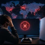 PlayStation Network outage affecting global online gaming services as a frustrated gamer faces server connectivity issues on a modern gaming setup.