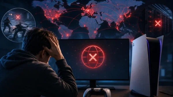 PlayStation Network outage affecting global online gaming services as a frustrated gamer faces server connectivity issues on a modern gaming setup.