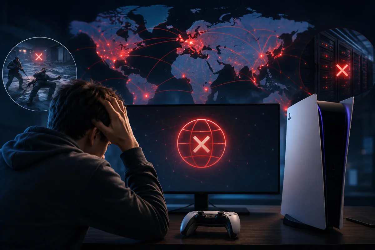 PlayStation Network outage affecting global online gaming services as a frustrated gamer faces server connectivity issues on a modern gaming setup.