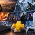 PS Plus games featured image showing a PlayStation 5 with cinematic scenes representing the July 2026 Game Catalog for Extra and Premium subscribers.