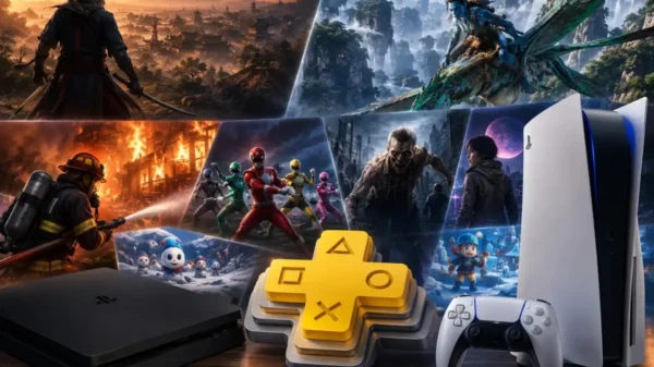 PS Plus games featured image showing a PlayStation 5 with cinematic scenes representing the July 2026 Game Catalog for Extra and Premium subscribers.