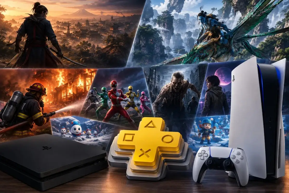 PS Plus games featured image showing a PlayStation 5 with cinematic scenes representing the July 2026 Game Catalog for Extra and Premium subscribers.