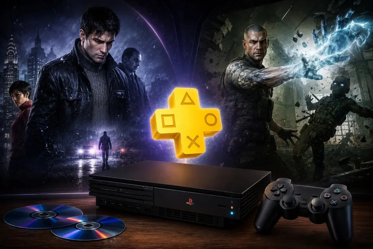 PS Plus games Premium image showing classic PlayStation 2 gaming with modern PlayStation hardware inspired by Indigo Prophecy and Psi-Ops joining the Classics Catalog.