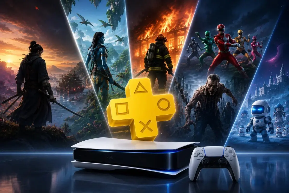 PS Plus games image featuring Rise of the Ronin with a samurai, PlayStation 5 console, and Game Catalog visuals representing the July rollout.