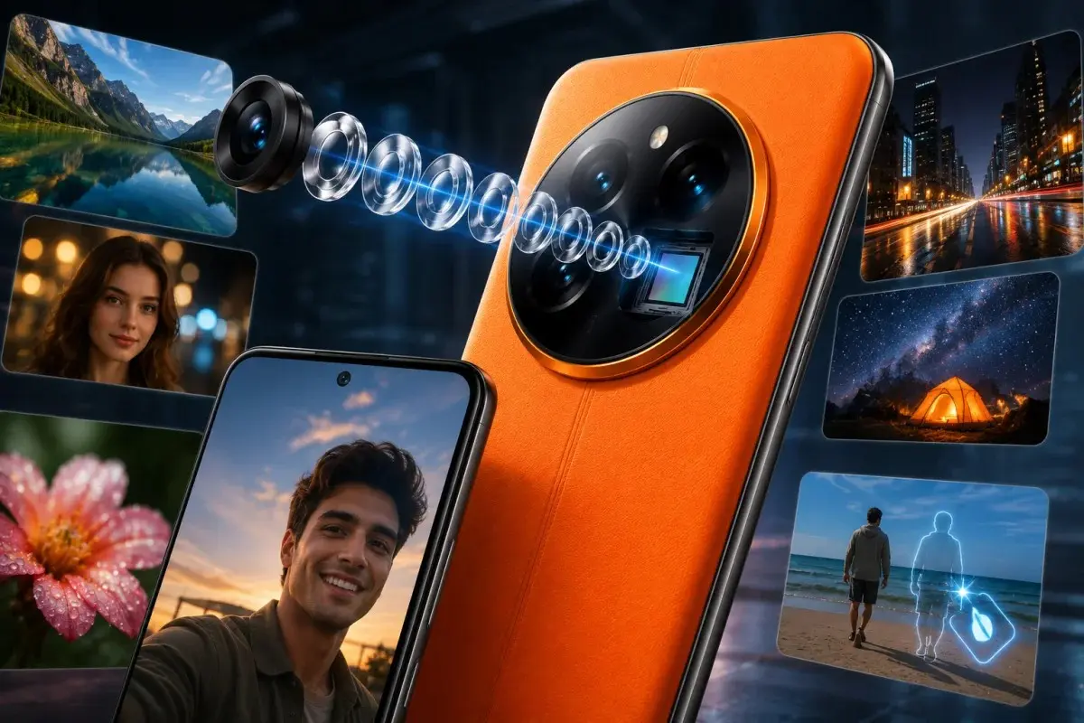 Realme Narzo 100x 5G showcasing its AI-powered camera setup with portrait, landscape, macro, and night photography capabilities.