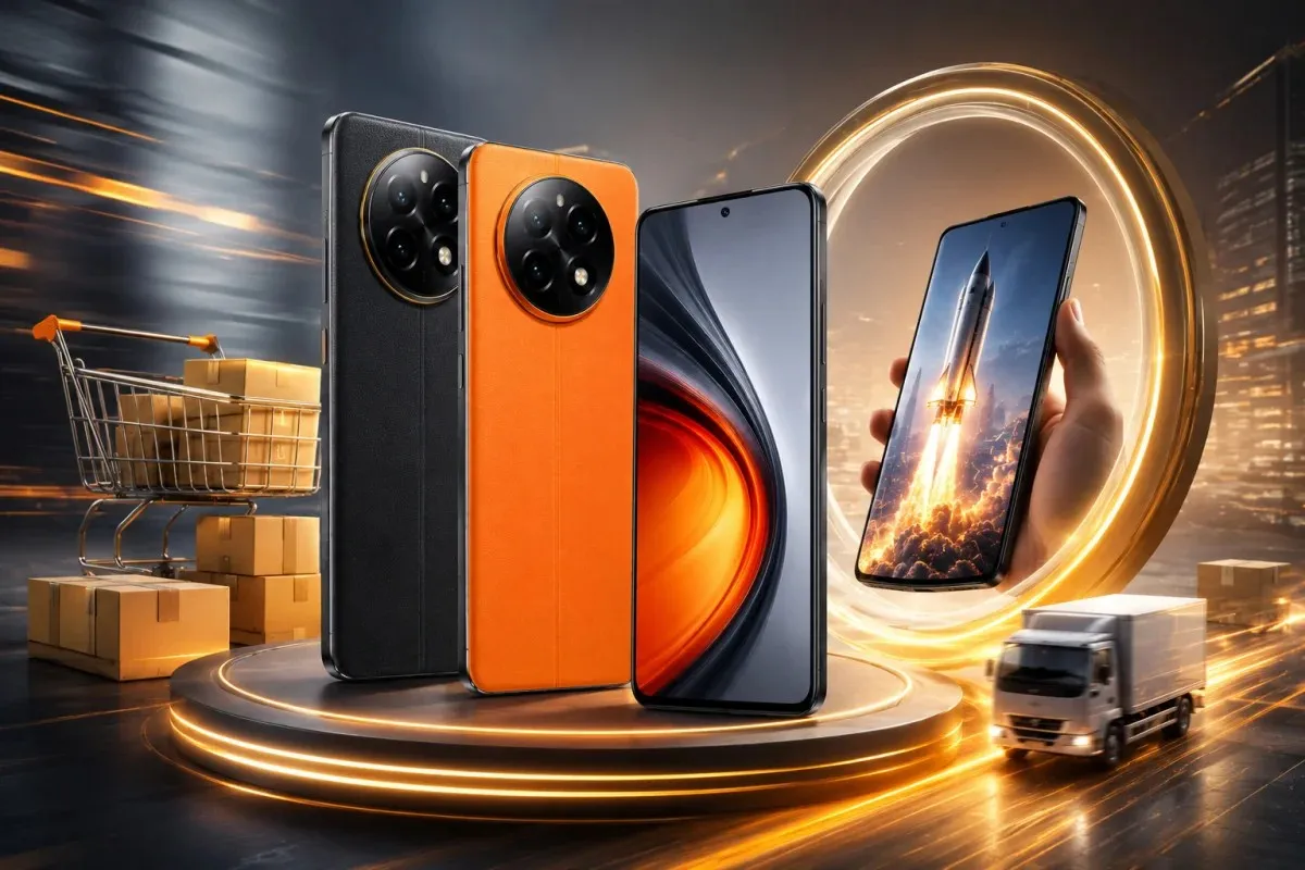 Realme Narzo 100x 5G displayed with multiple variants, launch offers, online shopping, and fast delivery concept in India.
