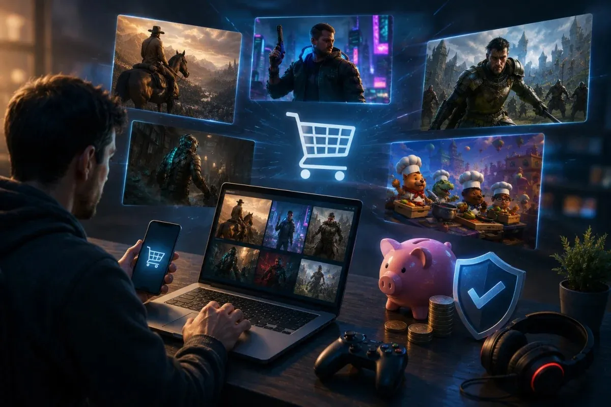 Modern gamer comparing digital game deals and making smart purchasing decisions during the Red Dead Redemption 2 Steam sale and broader gaming discounts.