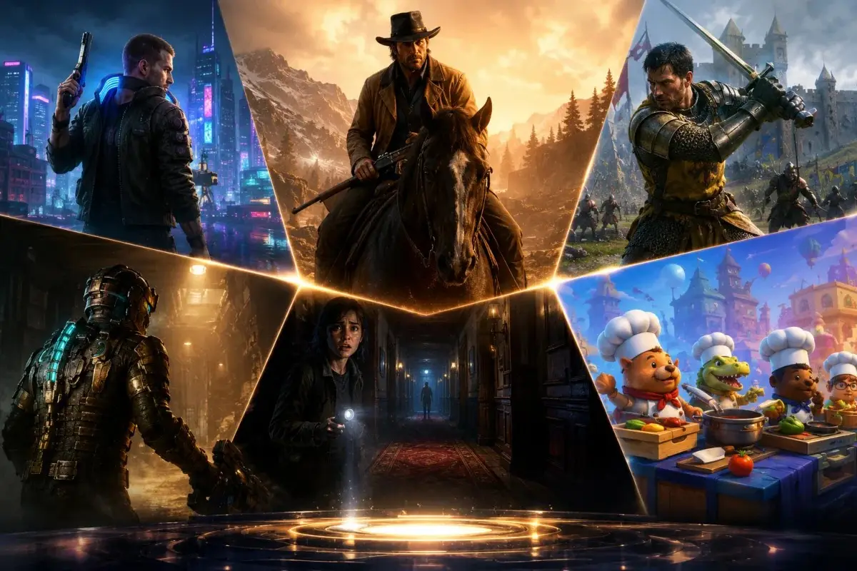 Creative gaming collage representing Red Dead Redemption 2 alongside other major discounted games available across Steam, Xbox, PlayStation, and Nintendo.