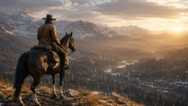 Cowboy overlooking a scenic mountain landscape representing the Red Dead Redemption 2 Steam sale and open-world adventure.