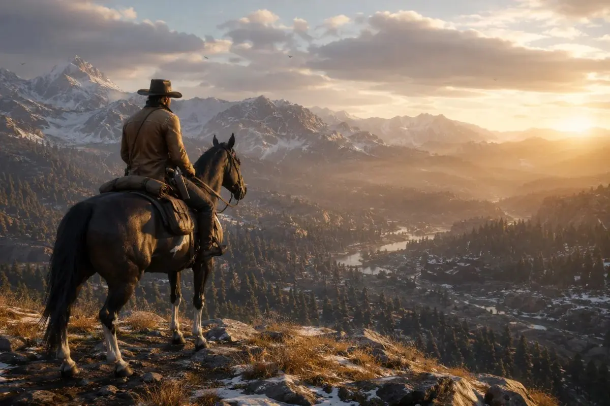 Cowboy overlooking a scenic mountain landscape representing the Red Dead Redemption 2 Steam sale and open-world adventure.