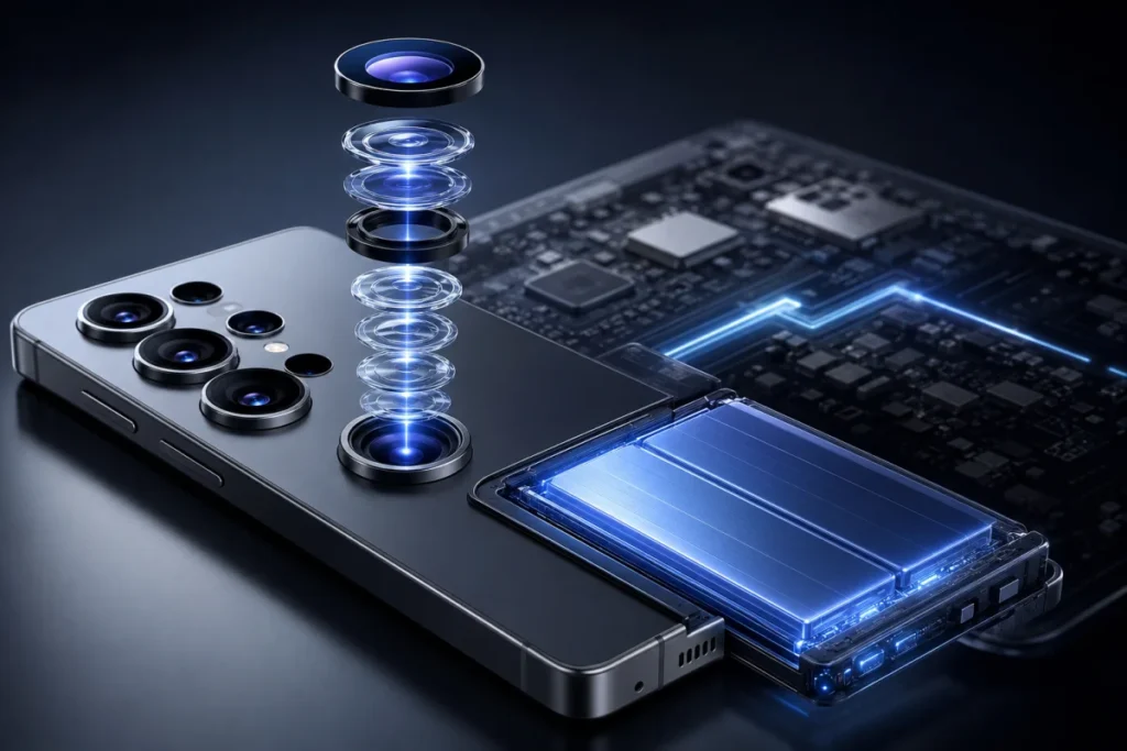 Photorealistic s27 ultra concept showing an advanced multi-camera system with a next-generation silicon-carbon battery in a premium futuristic smartphone design.