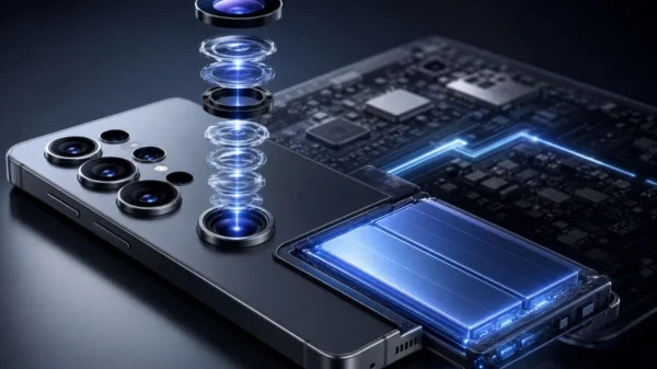 Photorealistic s27 ultra concept showing an advanced multi-camera system with a next-generation silicon-carbon battery in a premium futuristic smartphone design.