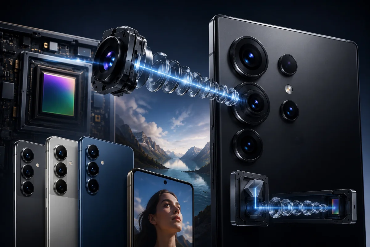 Close-up of the s27 ultra camera system with advanced lens optics, flagship image sensor, periscope zoom technology, and multiple Galaxy S27 models illustrating camera hardware upgrades.