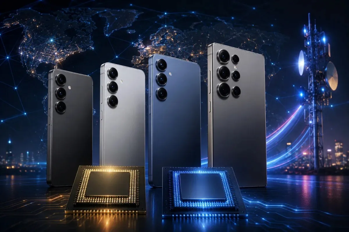 Four premium s27 ultra lineup smartphones displayed with advanced flagship processors, representing the leaked Snapdragon and Exynos chipset strategy and expanded Galaxy S27 family.