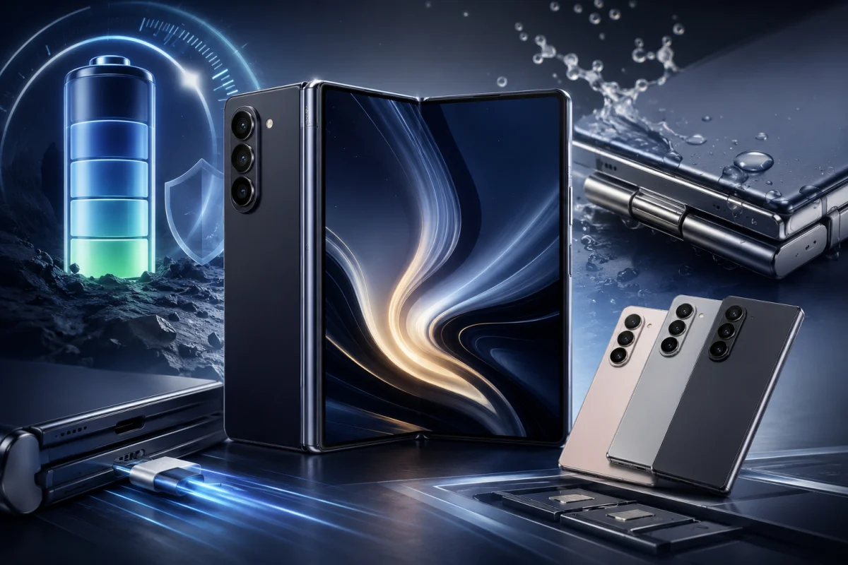 Samsung Fold 8 showcasing improved battery life, durable foldable design, reinforced hinge, Gorilla Glass protection, water resistance, fast charging, and multiple color and storage options in a modern futuristic scene without text.