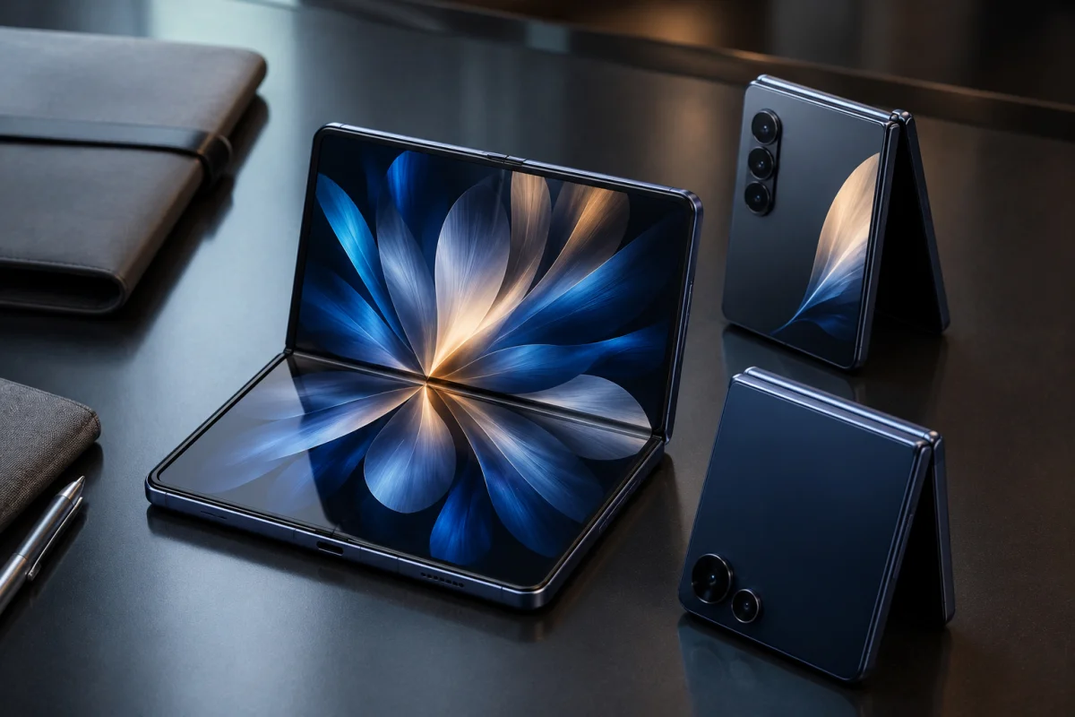 Samsung Fold 8 featuring a wider passport-shaped foldable design with a large tablet-like display, refined hinge, lightweight construction, and premium modern finish.
