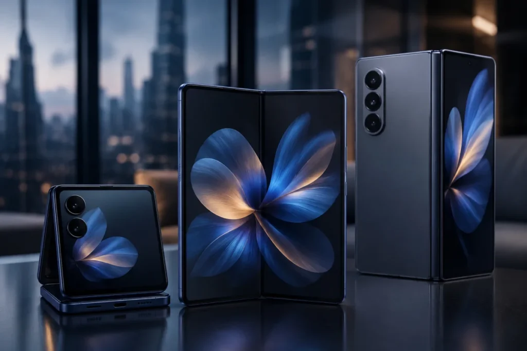 Samsung Fold 8 with a new wide passport-style foldable design displayed alongside Samsung's latest premium foldable smartphones in a modern editorial scene.