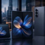 Samsung Fold 8 with a new wide passport-style foldable design displayed alongside Samsung's latest premium foldable smartphones in a modern editorial scene.