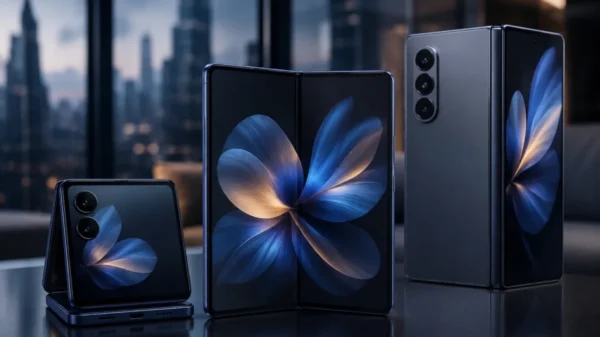 Samsung Fold 8 with a new wide passport-style foldable design displayed alongside Samsung's latest premium foldable smartphones in a modern editorial scene.