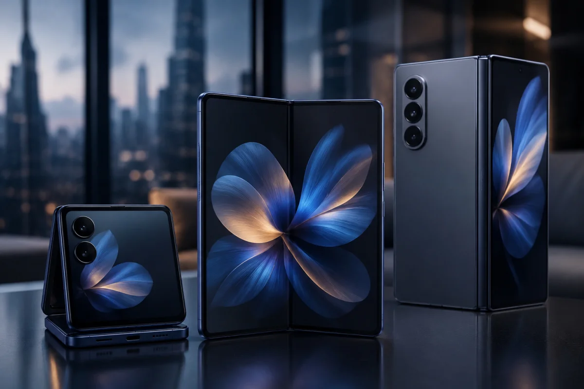 Samsung Fold 8 with a new wide passport-style foldable design displayed alongside Samsung's latest premium foldable smartphones in a modern editorial scene.