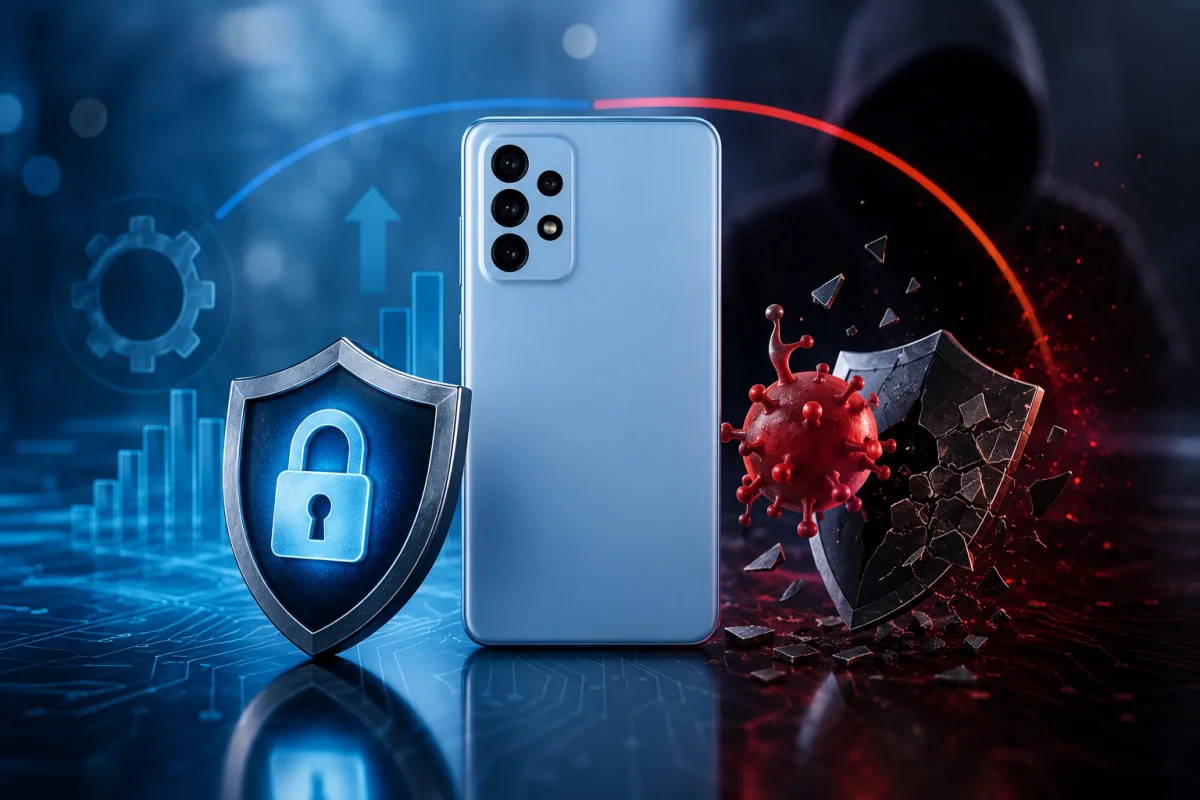 Samsung Galaxy A52s 5G with digital security protection and cyber threat visuals representing the end of Android updates and security patches.