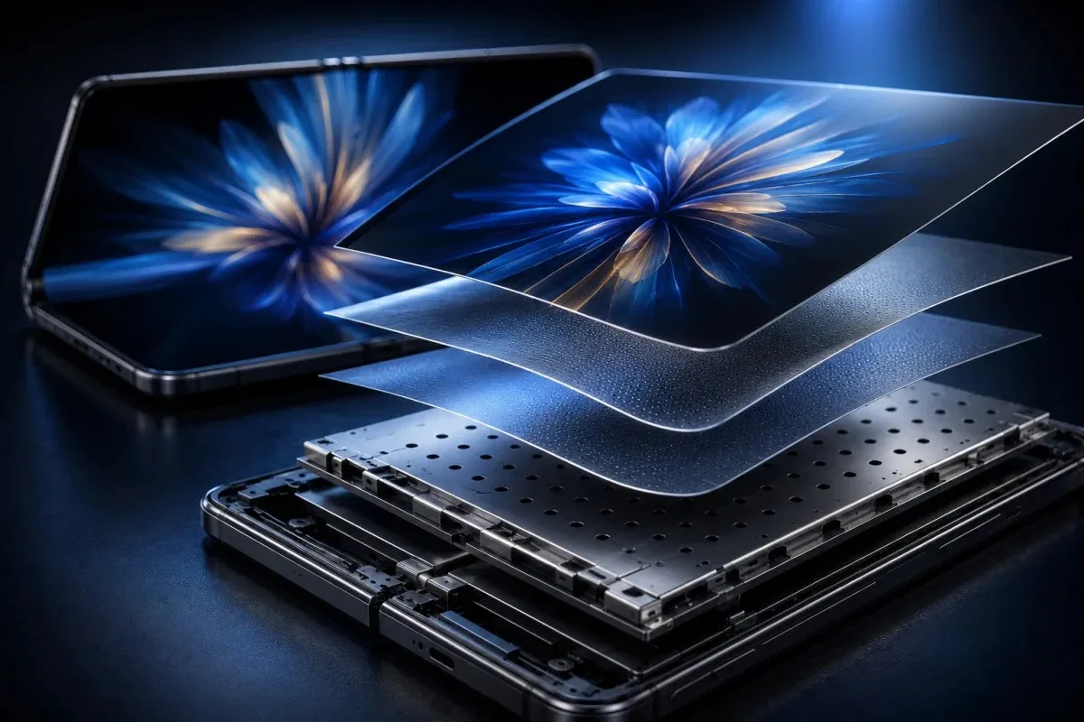 Samsung Galaxy Flex Titanium display structure showing OLED panel, titanium-alloy film, and reinforced titanium plate inside a next-generation foldable device.