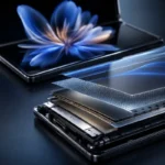 Samsung Galaxy foldable smartphone featuring Flex Titanium display technology with titanium-alloy film and reinforced titanium plate in an exploded internal structure.