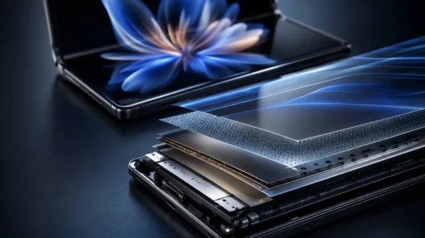 Samsung Galaxy foldable smartphone featuring Flex Titanium display technology with titanium-alloy film and reinforced titanium plate in an exploded internal structure.