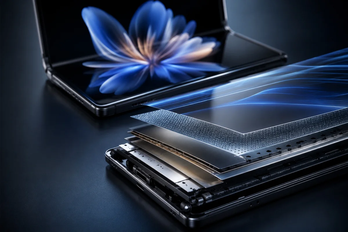 Samsung Galaxy foldable smartphone featuring Flex Titanium display technology with titanium-alloy film and reinforced titanium plate in an exploded internal structure.